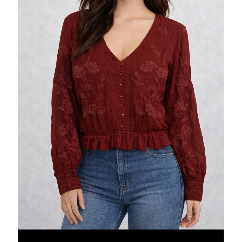 Anthropologie Top Women S Red Maroon Embroidered Button Down Long Sleeve Blouse